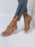 Rhinestone Patchwork Chunky Open Toe Heels