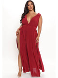 Plus Size V Neck Sleeveless Slit Maxi Dresses