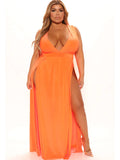 Plus Size V Neck Sleeveless Slit Maxi Dresses