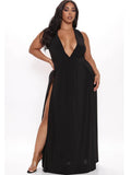 Plus Size V Neck Sleeveless Slit Maxi Dresses