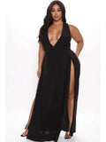 Plus Size V Neck Sleeveless Slit Maxi Dresses