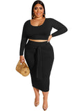 Two Piece Solid Crop Top Midi Skirt Plus Size Set