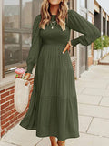 Long Sleeve Tiered Crew Neck Midi Dresses