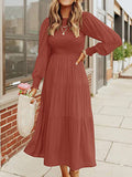 Long Sleeve Tiered Crew Neck Midi Dresses