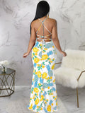 Strappy Back U-Neck Floral Print Fishtail Maxi Dress