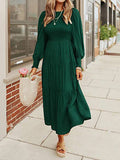 Long Sleeve Tiered Crew Neck Midi Dresses