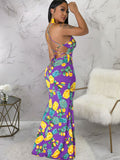 Strappy Back U-Neck Floral Print Fishtail Maxi Dress