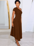 One Shoulder Solid Color Maxi Dress