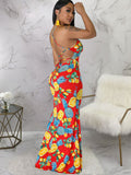 Strappy Back U-Neck Floral Print Fishtail Maxi Dress