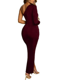 One Shoulder Velvet Ruched Drawstring Slit Midi Dresses