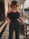 Feathered Solid Strapless Open Back Rompers