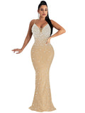 Off Shoulder Backless Sequin Spaghetti Strap Bodycon Maxi Dresses